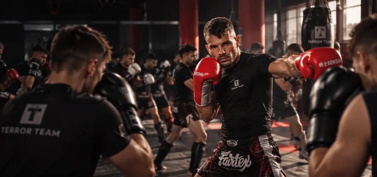 Group kickboxing class at Terror Team Galați, with Marian Lăpușneanu correcting the fighters' guard